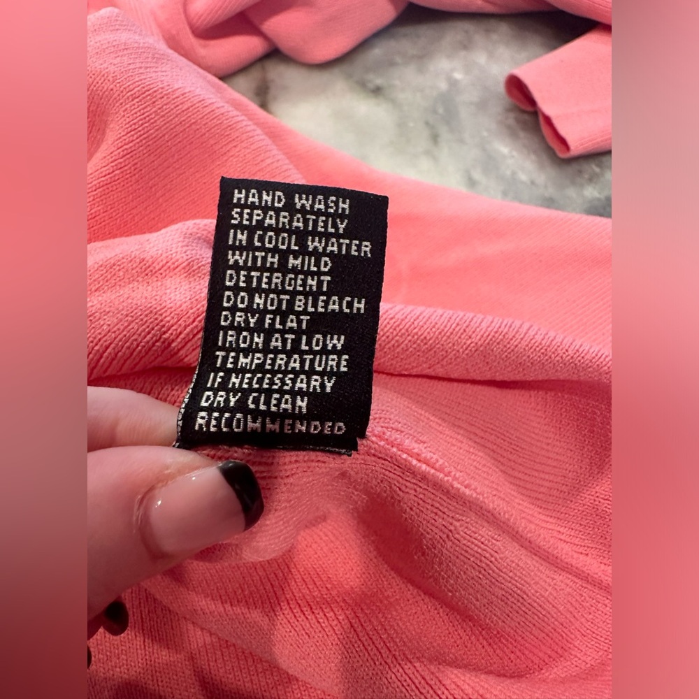 EUC BCBGMAXAZRIA Peachy Pink Sweater Dress Cutout Neck Detail w/ Tie at Waist - Picture 14 of 14
